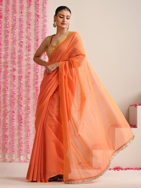 Pink-Orange Dual Shade Cotton Chanderi Saree with Gold Pallu