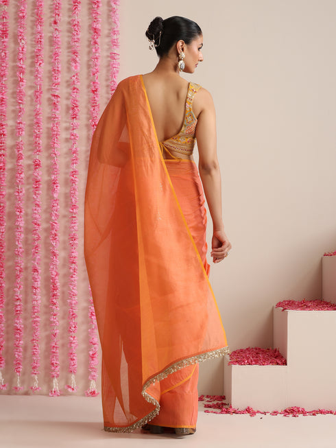 Pink-Orange Dual Shade Cotton Chanderi Saree with Gold Pallu