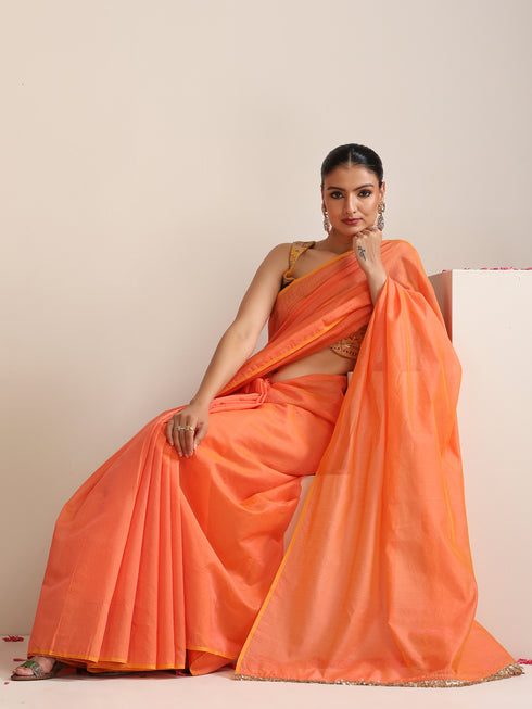 Pink-Orange Dual Shade Cotton Chanderi Saree with Gold Pallu
