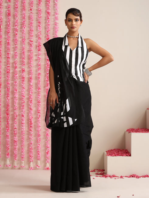 Black Cotton Chanderi Saree with Embroidery and Stripe Blouse Fabric