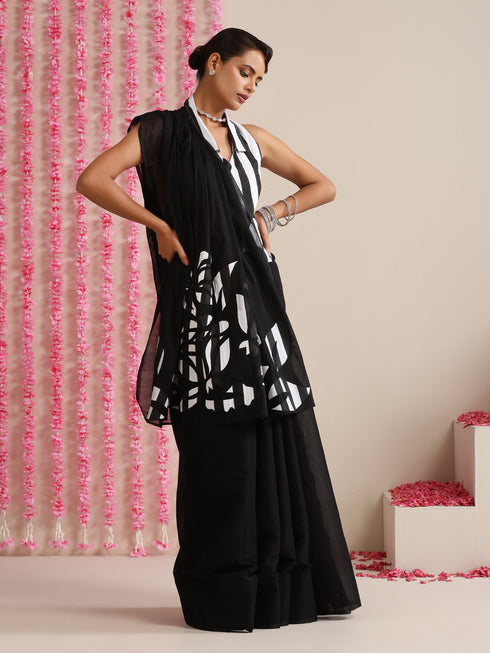 Black Cotton Chanderi Saree with Embroidery and Stripe Blouse Fabric