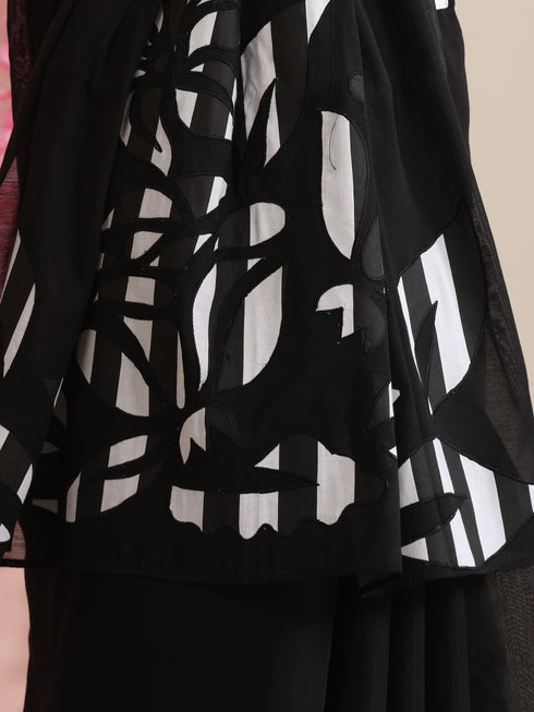 Black Cotton Chanderi Saree with Embroidery and Stripe Blouse Fabric