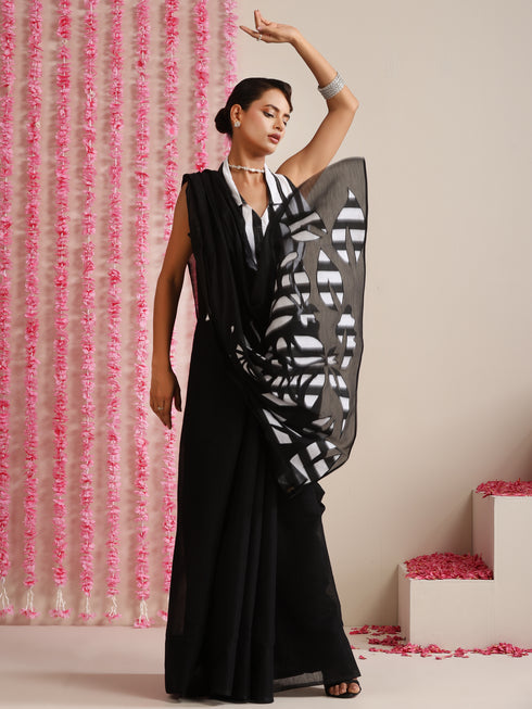 Black Cotton Chanderi Saree with Embroidery and Stripe Blouse Fabric