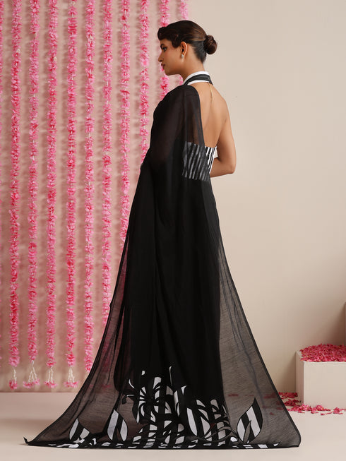 Black Cotton Chanderi Saree with Embroidery and Stripe Blouse Fabric