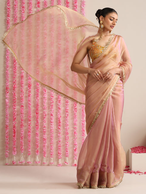 Pink Lilac Metallic Chiffon Saree with Sequin Lace