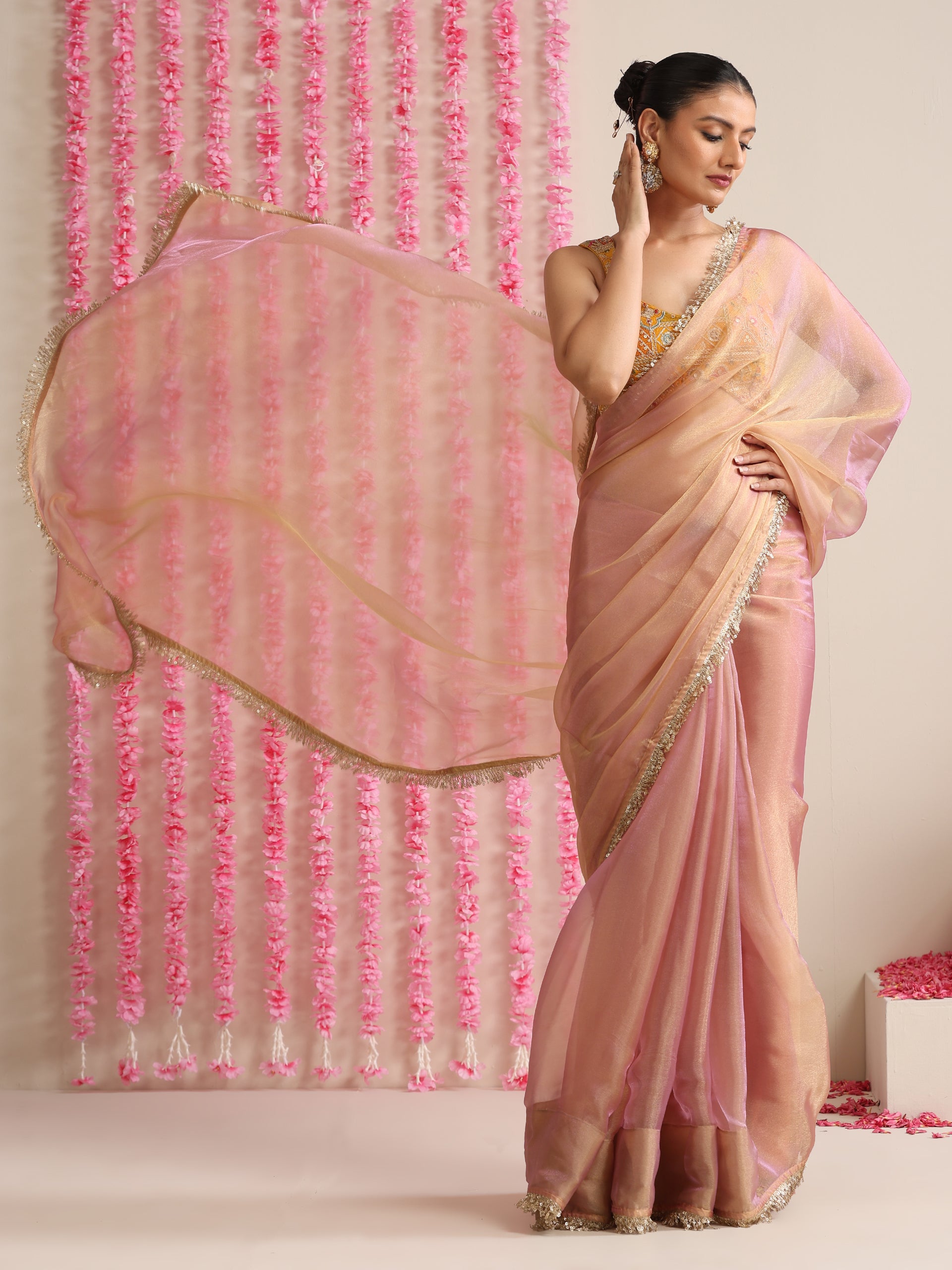 Pink Lilac Metallic Chiffon Saree with Sequin Lace