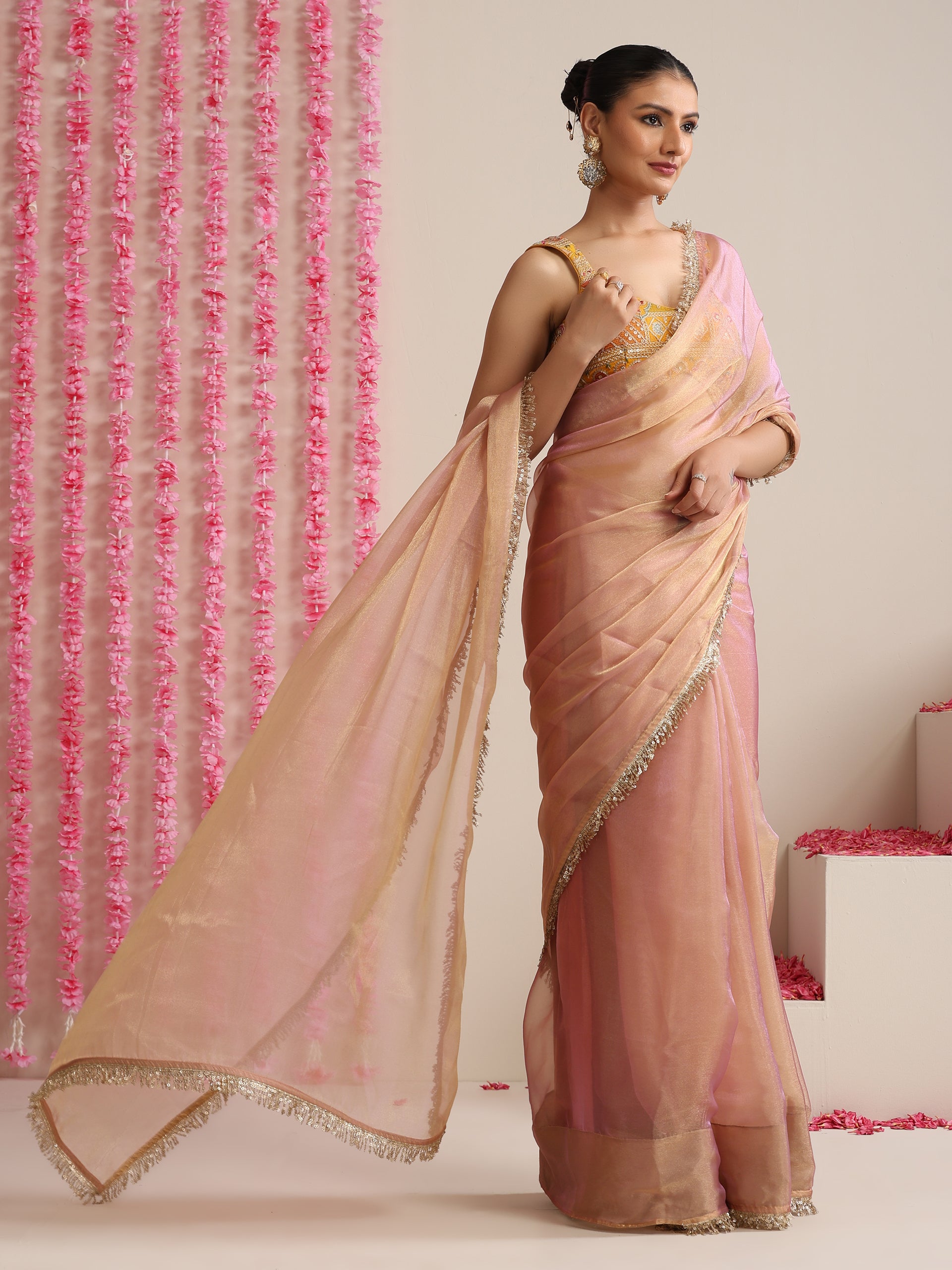 Pink Lilac Metallic Chiffon Saree with Sequin Lace
