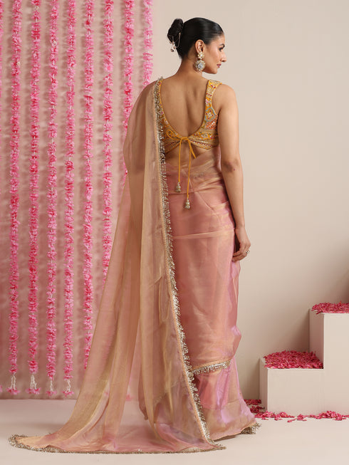 Pink Lilac Metallic Chiffon Saree with Sequin Lace