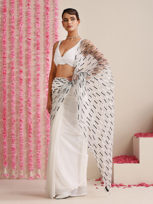White and Dual Black White Impression Georgette Saree with Blouse Fabric