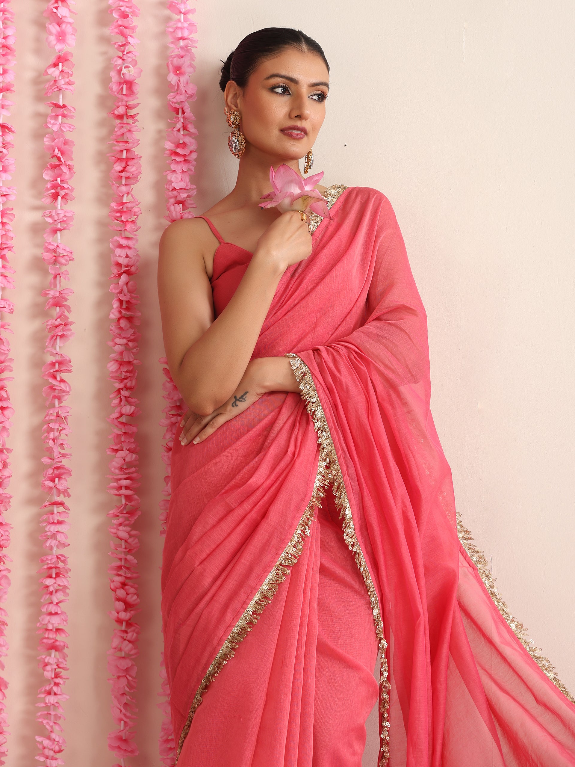 Pink Cotton Chanderi Saree with Gold Border