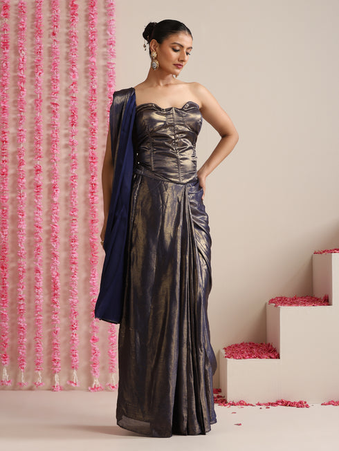 Blue-Gold Skirt Style Pre-Draped Saree with Blouse Fabric