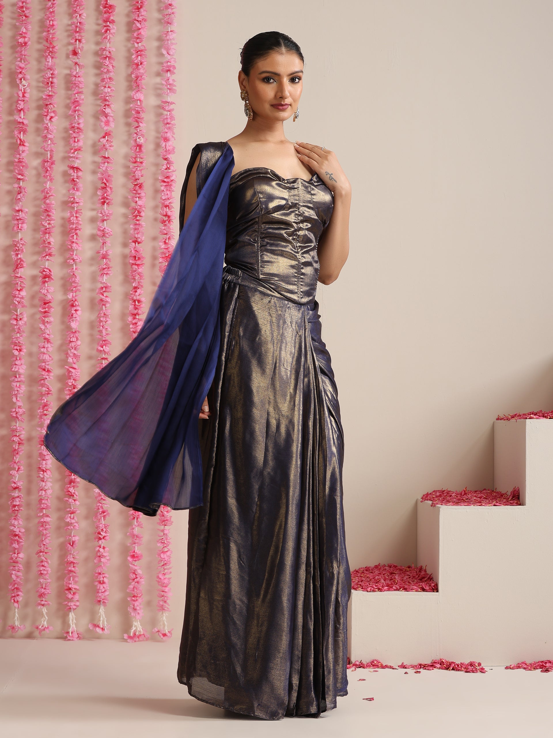 Blue-Gold Skirt Style Pre-Draped Saree with Blouse Fabric