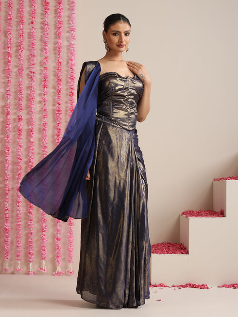 Blue-Gold Skirt Style Pre-Draped Saree with Blouse Fabric