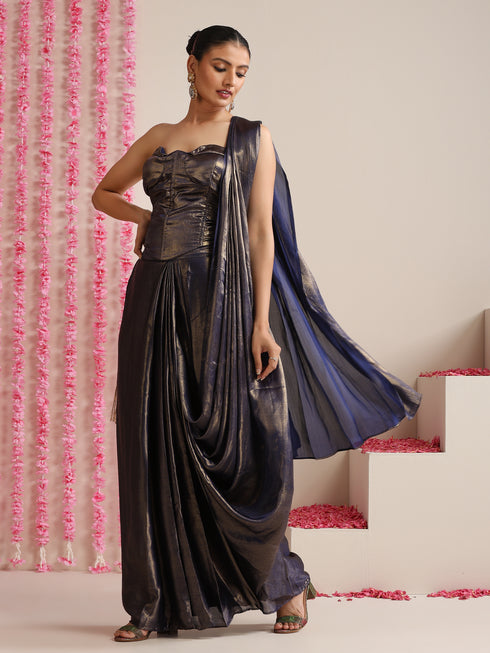 Blue-Gold Skirt Style Pre-Draped Saree with Blouse Fabric