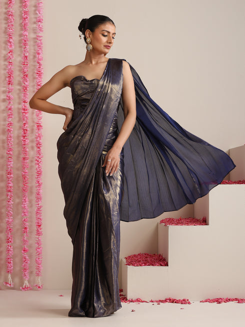 Blue Gold Chiffon Saree with Blouse Fabric