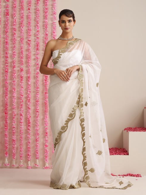 Elixir White and Gold Organza embroidered Saree with blouse fabric
