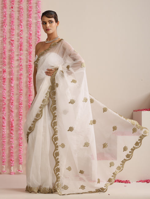 Elixir White and Gold Organza embroidered Saree with blouse fabric