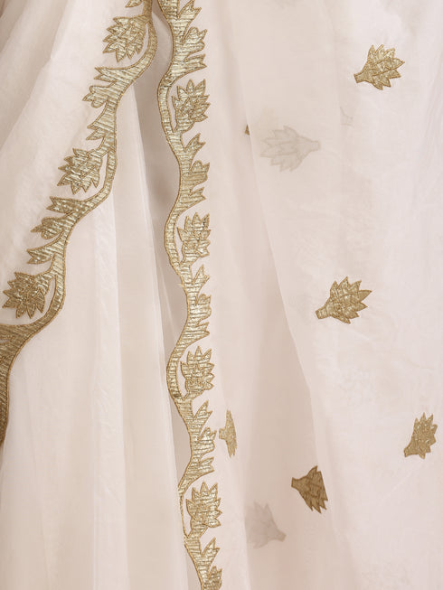 Elixir White and Gold Organza embroidered Saree with blouse fabric