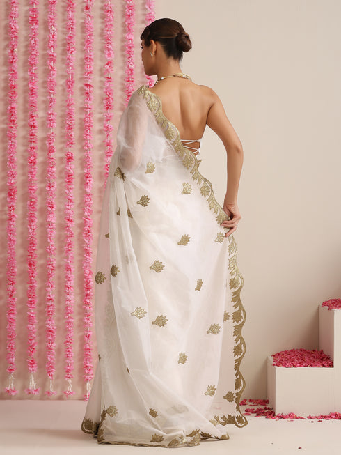 Elixir White and Gold Organza embroidered Saree with blouse fabric