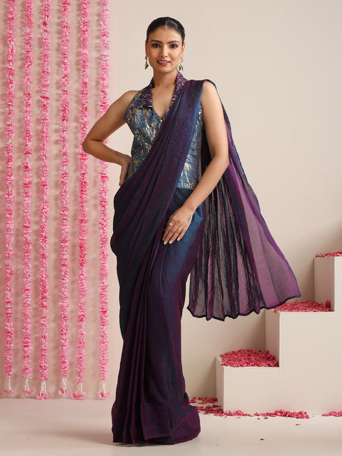 Blue-Purple Dual Shade Metallic Satin Saree with Gold & Ombre Blouse Fabric