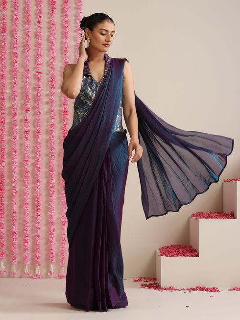 Blue-Purple Dual Shade Metallic Satin Saree with Gold & Ombre Blouse Fabric