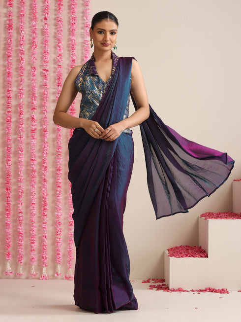 Blue-Purple Dual Shade Metallic Satin Saree with Gold & Ombre Blouse Fabric