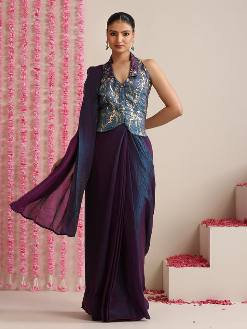 Pre-Draped Dual Shade Blue-Purple Metallic Satin Saree with Gold Ombre Blouse Fabric (2-Piece Set)