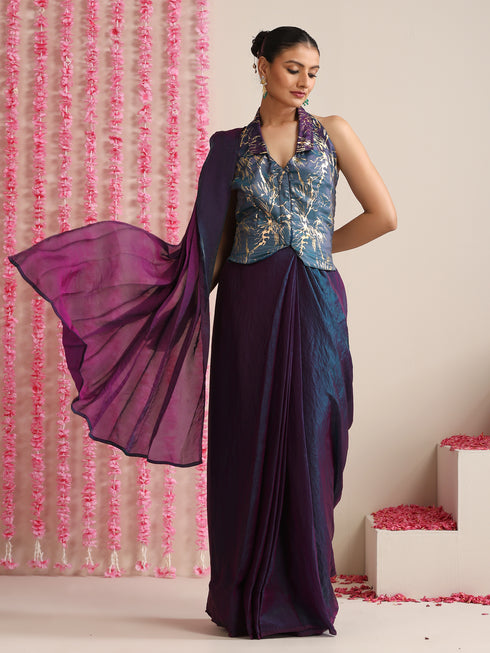 Pre-Draped Dual Shade Blue-Purple Metallic Satin Saree with Gold Ombre Blouse Fabric (2-Piece Set)