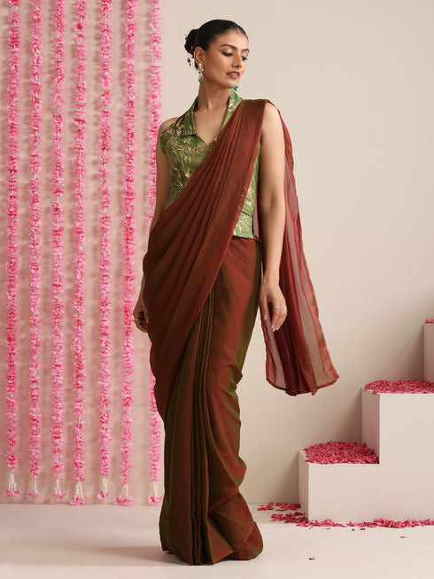 Red-Green Dual Shade Metallic Satin Saree with Gold & Ombre Blouse Fabric