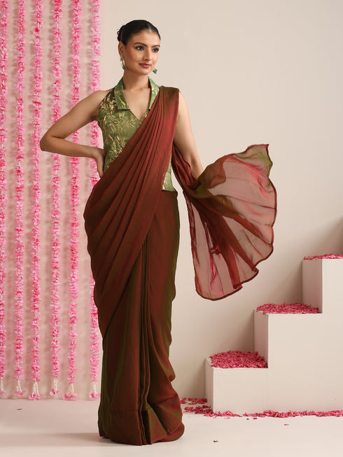 Red-Green Dual Shade Metallic Satin Saree with Gold & Ombre Blouse Fabric
