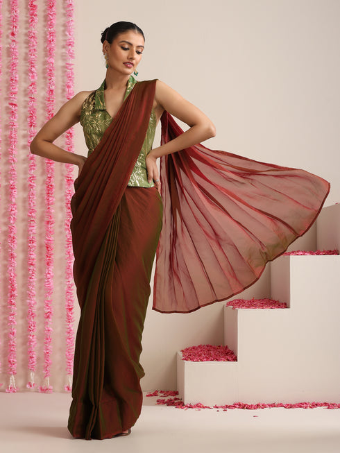 Red-Green Dual Shade Metallic Satin Saree with Gold & Ombre Blouse Fabric
