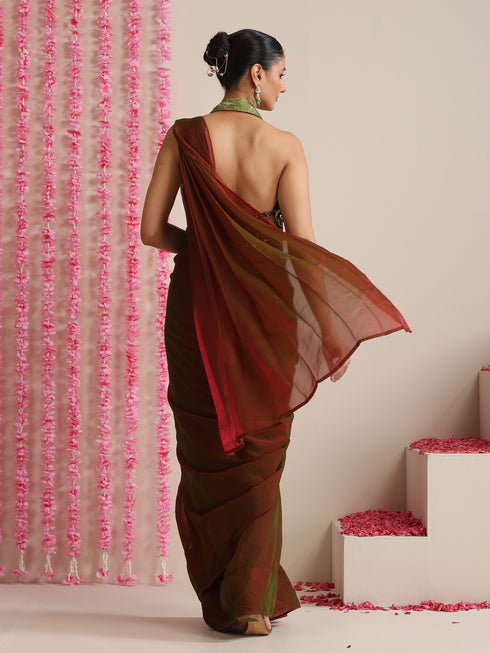 Red-Green Dual Shade Metallic Satin Saree with Gold & Ombre Blouse Fabric