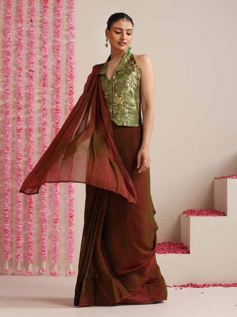 Red-Green Dual Shade Metallic Satin Saree with Gold & Ombre Blouse Fabric