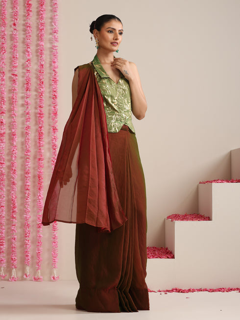 Red-Green Dual Shade Metallic Satin Saree with Gold & Ombre Blouse Fabric