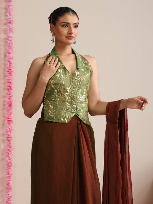 Red-Green Dual Shade Metallic Satin Saree with Gold & Ombre Blouse Fabric