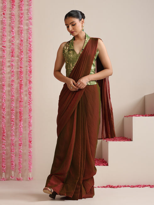 Red-Green Dual Shade Metallic Satin Saree with Gold & Ombre Blouse Fabric