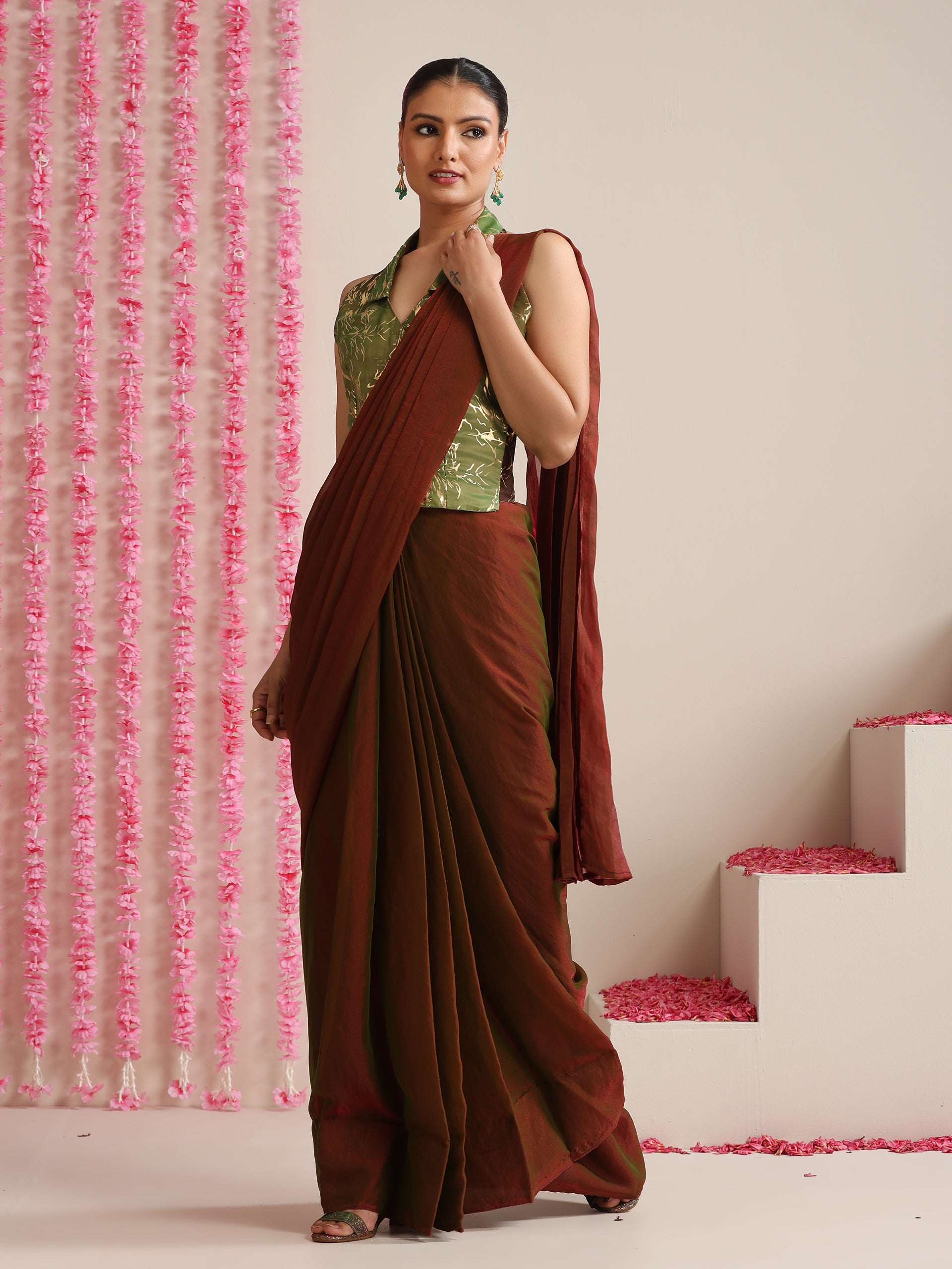 Pre-Draped Dual Shade Red-Green Metallic Satin Saree with Gold Ombre Blouse Fabric (2-Piece Set)