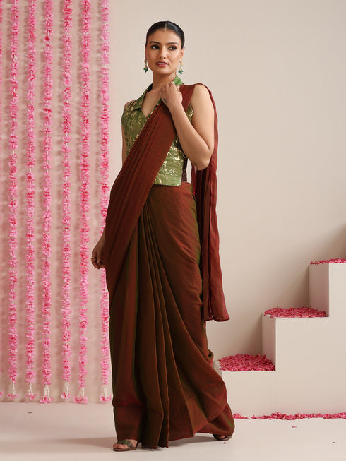 Red-Green Dual Shade Metallic Satin Saree with Gold & Ombre Blouse Fabric