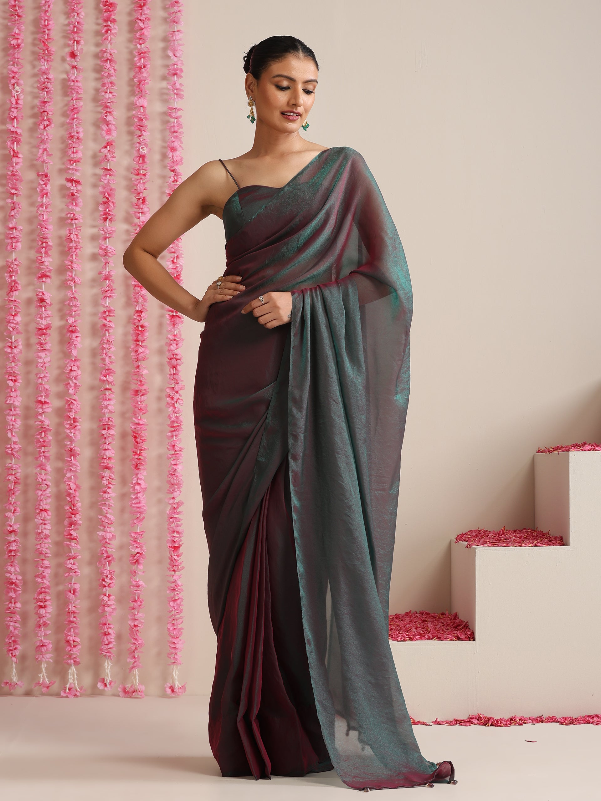 Chameleon Ombre Stripes Chiffon Printed Saree with Pendants