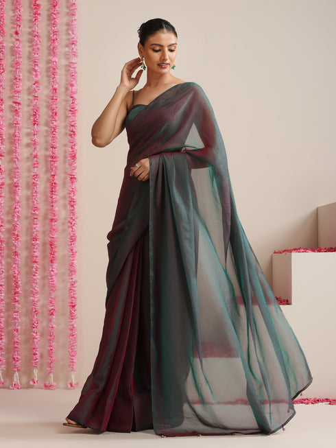 Blue Maroon Dual Shade Chiffon Saree with Pendants