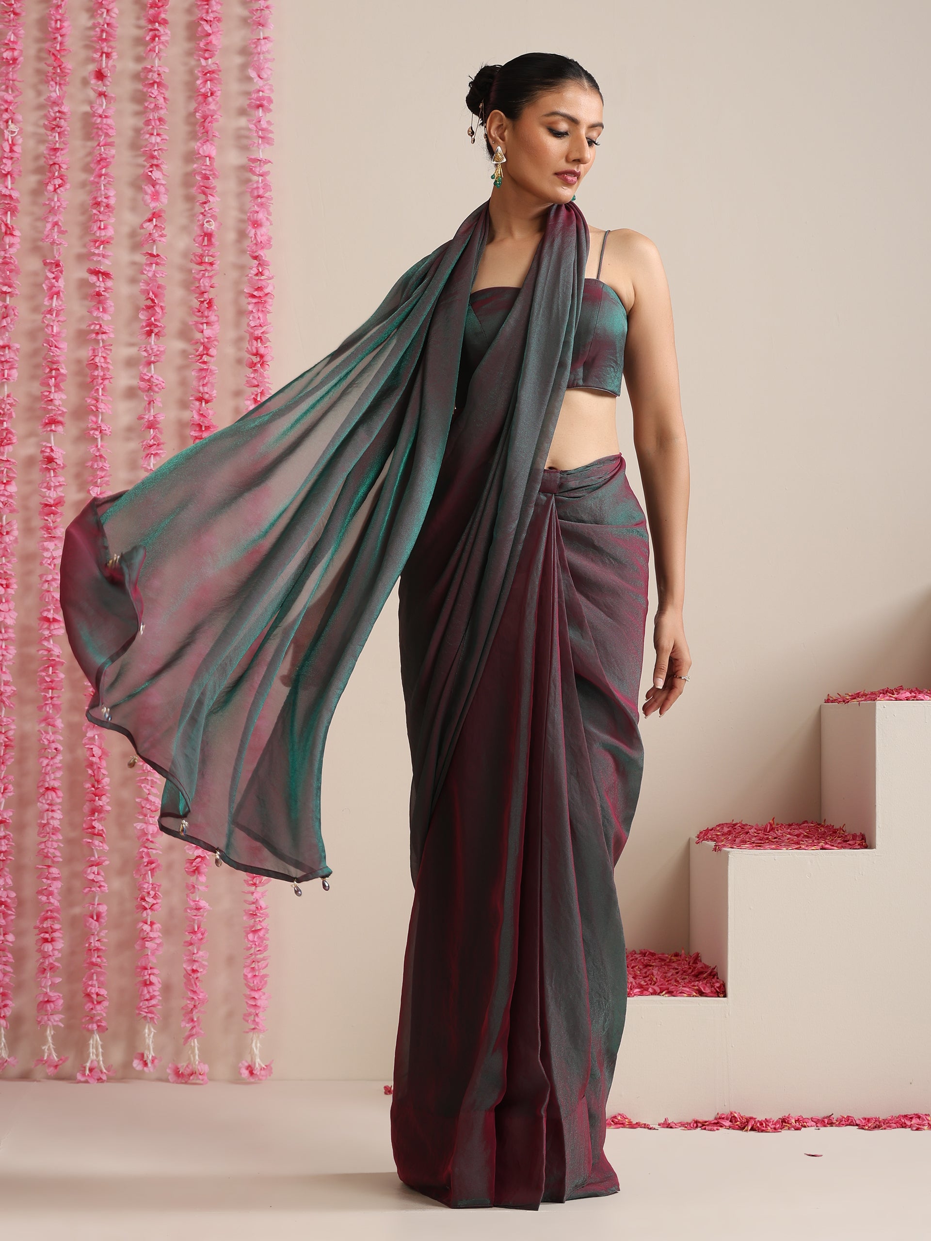 Blue Maroon Dual Shade Chiffon Saree with Pendants