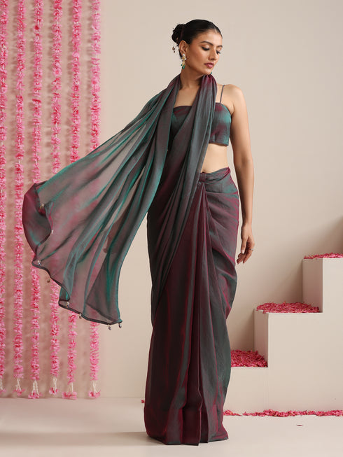 Blue Maroon Dual Shade Chiffon Saree with Pendants
