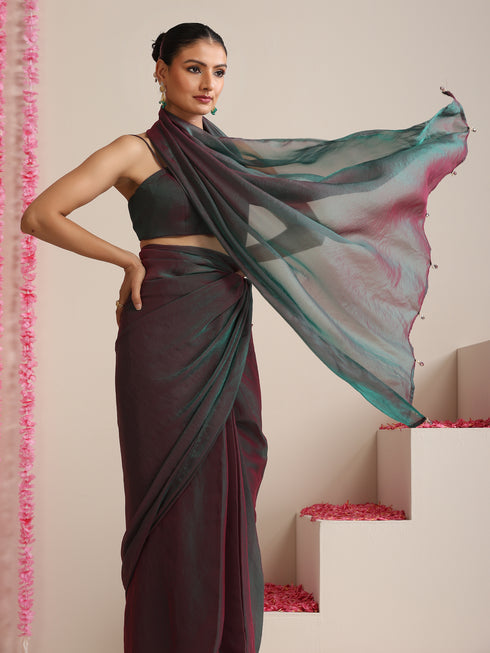 Blue Maroon Dual Shade Chiffon Saree with Pendants