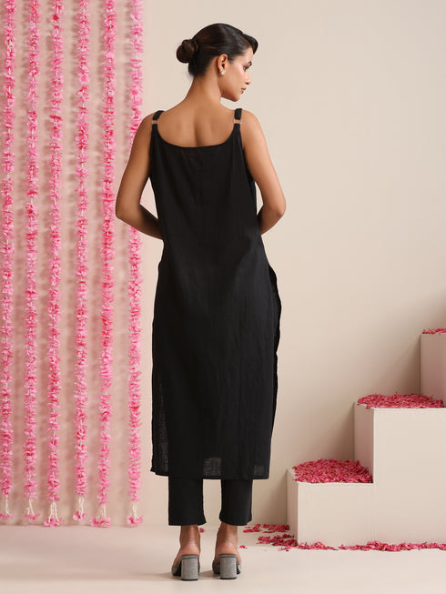 Women’s Black Strappy Kurta Set with Silver Net Dupatta | 3 Pc Festive Ethnic Co-ord