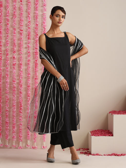Women’s Black Strappy Kurta Set with Silver Net Dupatta | 3 Pc Festive Ethnic Co-ord