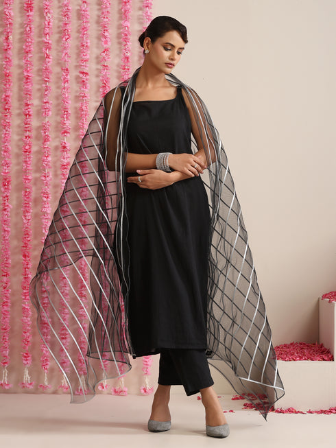 Women’s Black Strappy Kurta Set with Silver Net Dupatta | 3 Pc Festive Ethnic Co-ord