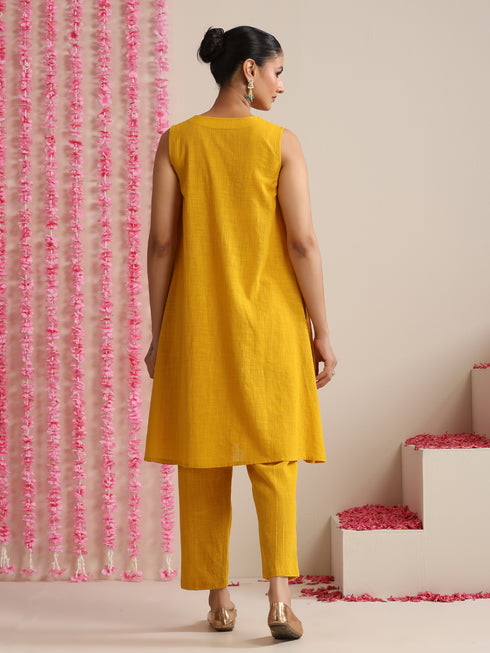 Women’s Yellow Cotton Slub Sleeveless Kurta with Embroidery, Pyjama & Metallic Blue Dupatta | 3 Pc Summer Festive Set