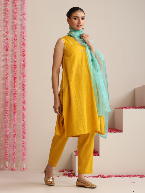Women’s Yellow Cotton Slub Sleeveless Kurta with Embroidery, Pyjama & Metallic Blue Dupatta | 3 Pc Summer Festive Set