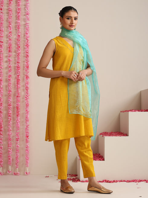Women’s Yellow Cotton Slub Sleeveless Kurta with Embroidery, Pyjama & Metallic Blue Dupatta | 3 Pc Summer Festive Set