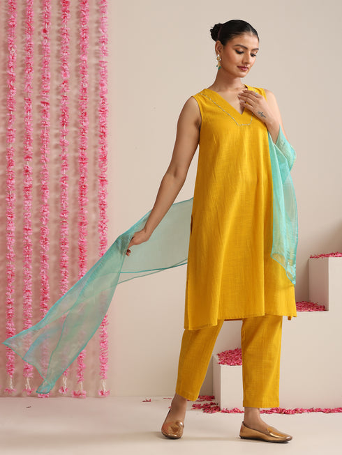 Women’s Yellow Cotton Slub Sleeveless Kurta with Embroidery, Pyjama & Metallic Blue Dupatta | 3 Pc Summer Festive Set